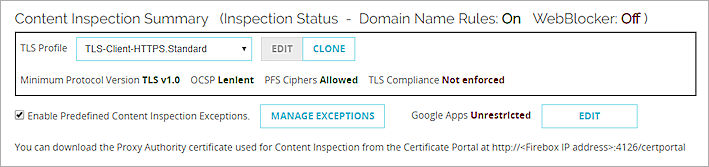 Screen shot of the Content Inspection Summary with Domain Name Rules: On