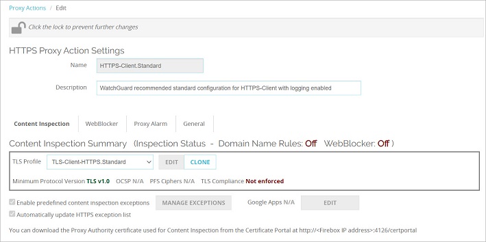 Screen shot of the HTTPS proxy action settings, Content Inspection tab in Fireware Web UI