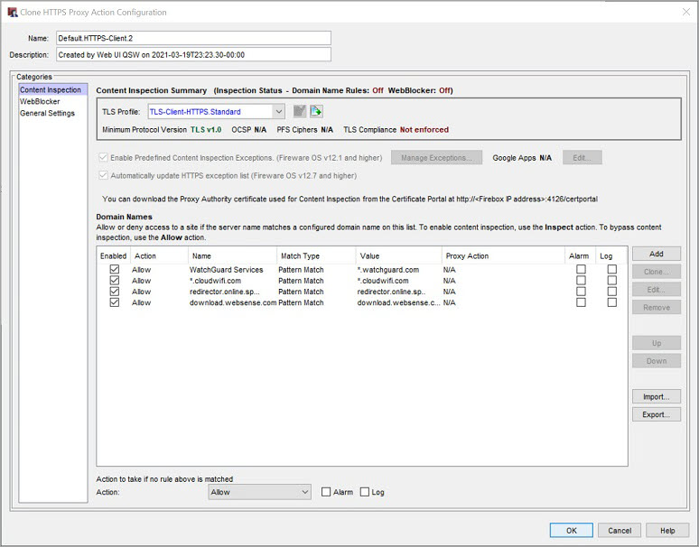 Screen shot of the Content Inspection settings in an HTTPS Proxy action in Policy Manager