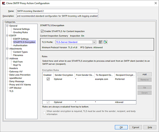 TLS 暗号化 ページ、SMTP プロキシ アクションの構成 ダイアログ ボックスのスクリーンショット