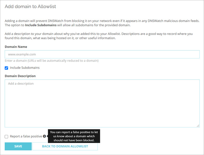 Screen shot of the Add Domain to Allowlist page