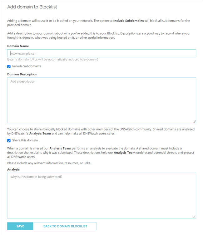 Screen shot of the Add Domain to Blocklist page