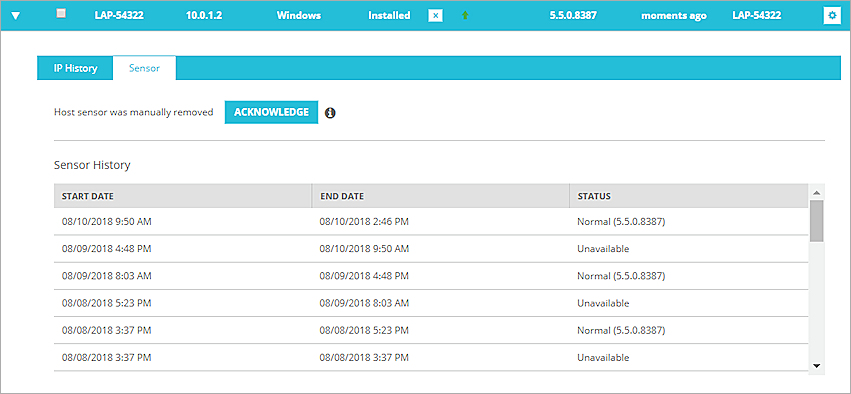 Screen shot of the Sensor tab