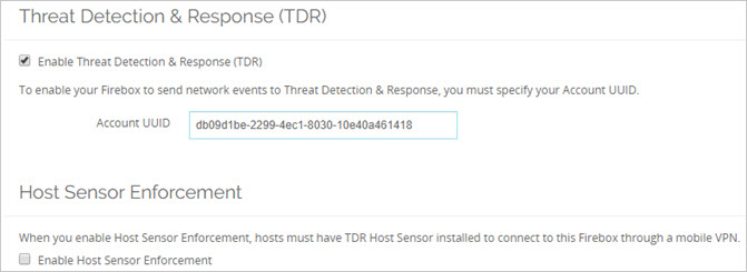 Screen shot of the TDR settings in Fireware Web UI