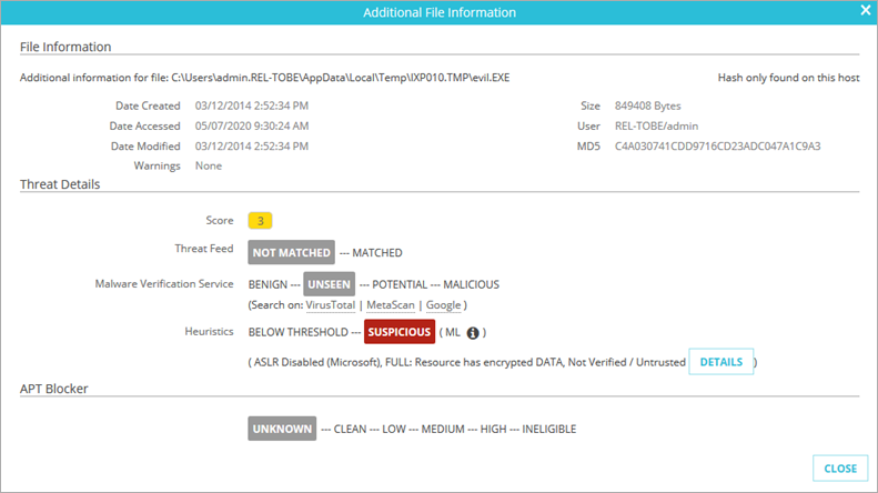 Screen shot of the Additional Info dialog box for an indicator from a Host Sensor