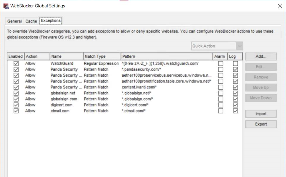 Screen shot of WebBlocker Global Settings page Exceptions tab
