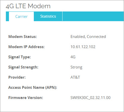 Screen shot of the System Status > 4G LTE Modem > Carrier tab in Fireware Web UI
