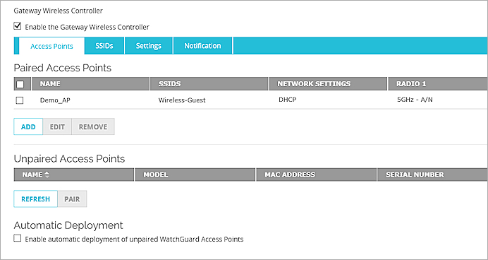 Gateway Wireless Controller ページの アクセスポイント タブのスクリーンショット