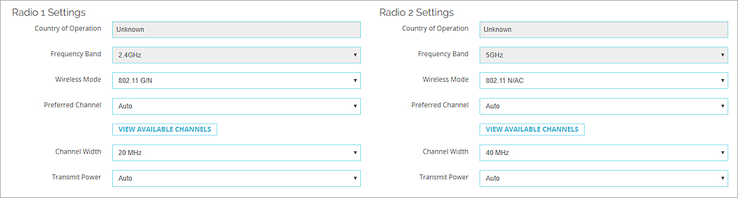 AP デバイスの無線 1 および無線 2 の設定のスクリーンショット