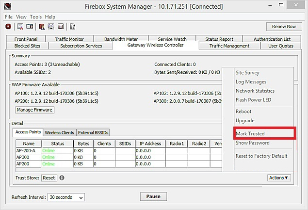 Firebox System Manager - アクセスポイント - 信頼済みアクションとマークのスクリーンショット