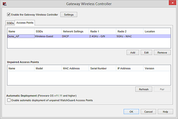 Gateway Wireless Controller ダイアログ ボックスのアクセスポイント タブのスクリーンショット
