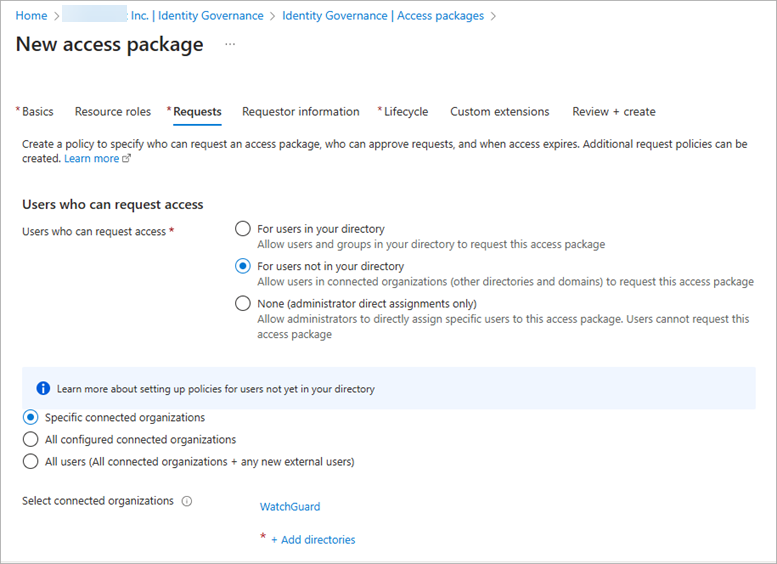 Screen shot of the New Access Package Requests tab