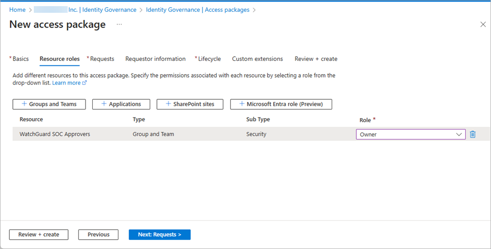 Screen shot of the New Access Package Resource Roles list