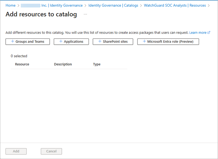 Screen shot of the Add Resources to Catalog page