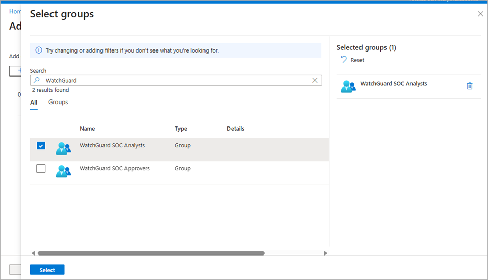 Screen shot of the Select Groups page