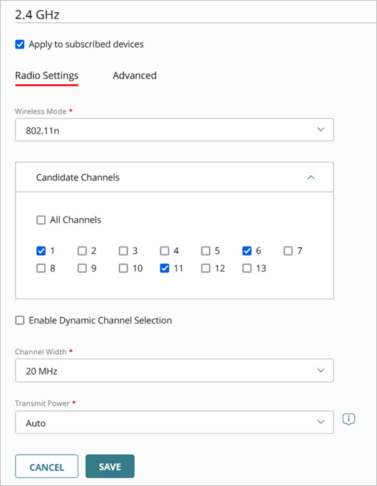 Screen shot of the 2.4GHz radio settings for an access point site