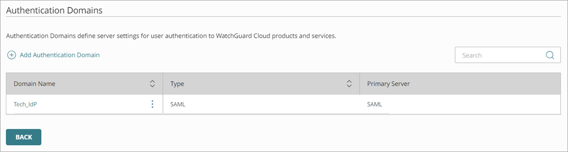 Screen shot of the Authentication Domains page
