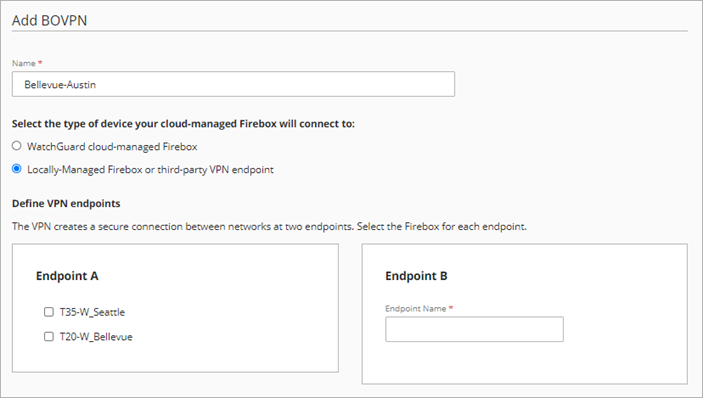 Screen shot of the Add BOVPN page with Locally-Managed Firebox or third-party VPN endpoint selected