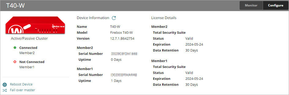 Screen shot of the FireCluster status after a completed failover