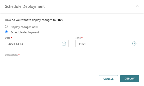 Screen shot of the Schedule Deployment settings with the Date and Time settings