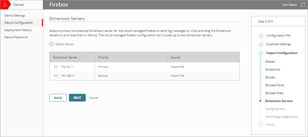 Screenshot of the Import Configuration wizard, Dimension Servers page