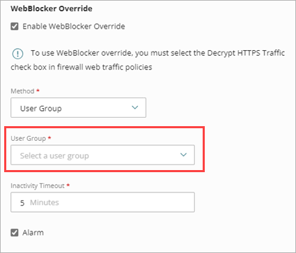 Screenshot of User Group drop-down list highlighted