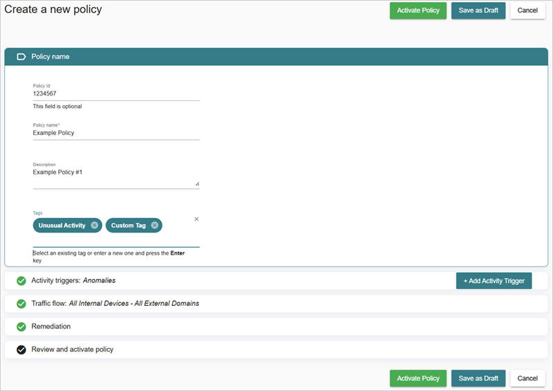 Screenshot of the Create a New Policy page in ThreatSync+ NDR
