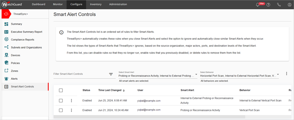 Screenshot of the Smart Alert Controls page in the Configure menu in ThreatSync+ NDR
