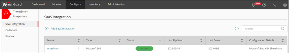 Screenshot of a successful SaaS integration added to ThreatSync+ SaaS that shows the Active status