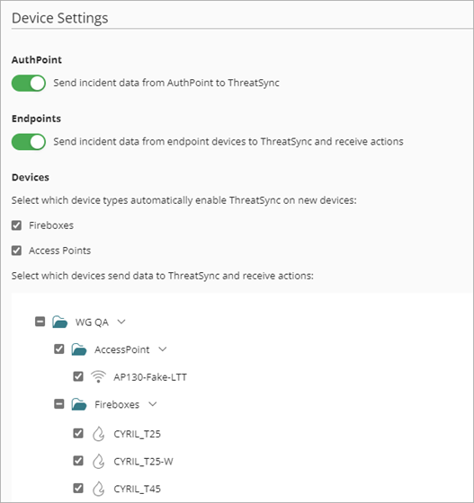 Screenshot of ThreatSync Device Settings page