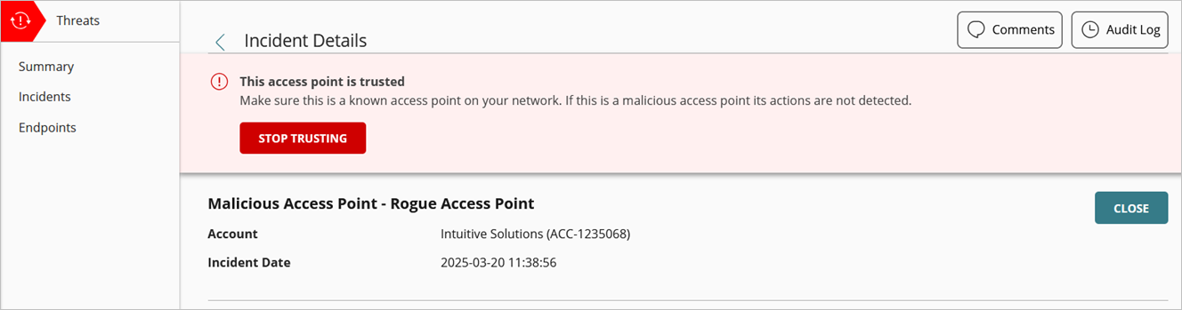 Screenshot of the Incident Details page for an incident with a Trusted Access Point and the Stop Trusting dialog box.