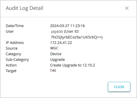 Screen shot of WatchGuard Cloud, Audit Log Details dialog box