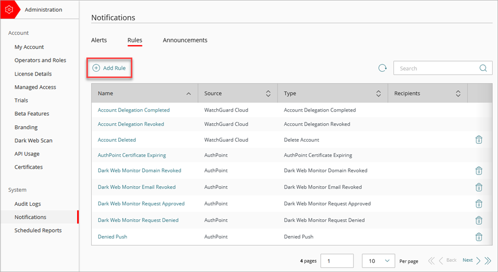 Screen shot of WatchGuard Cloud Notifications page, Add Rule