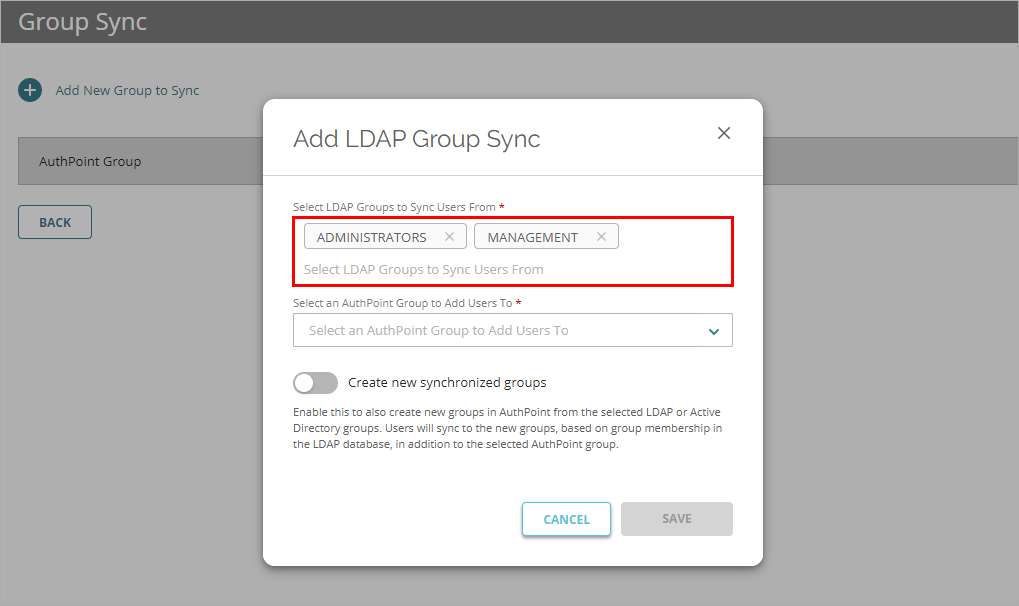Screenshot that shows the settings in the Add LDAP Group Sync window. 