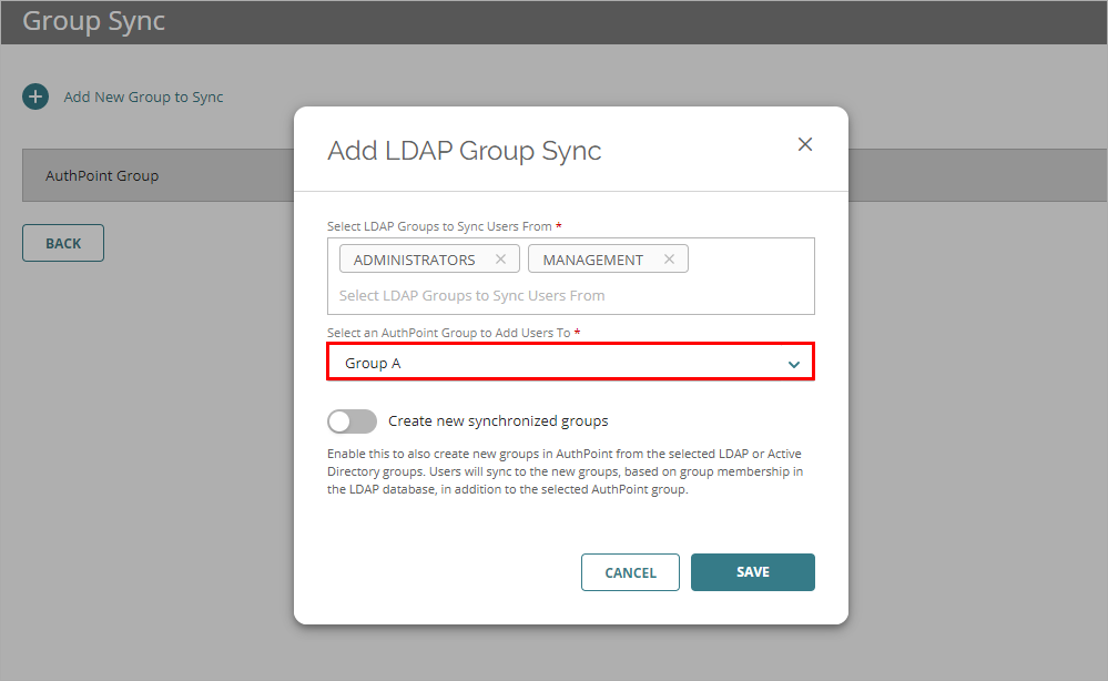 Screenshot that shows the settings in the Add LDAP Group Sync window. 
