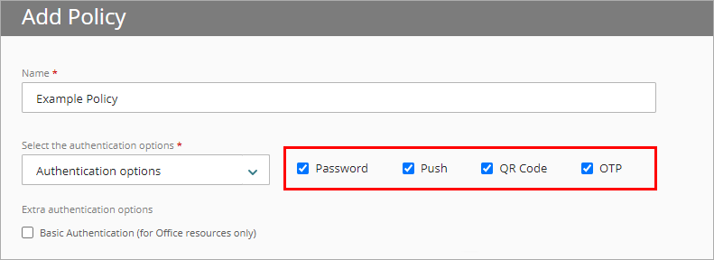 Screenshot of the Add Policy page with authentication options selected. 