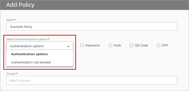 Screenshot of selecting the authentication options on the Add Policy page. 
