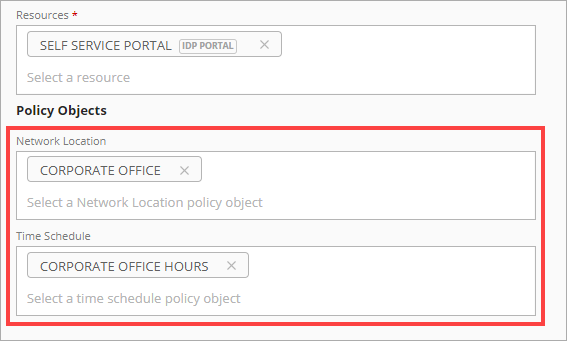 Screenshot of the Policy Objects selection on the Add Policy page. 