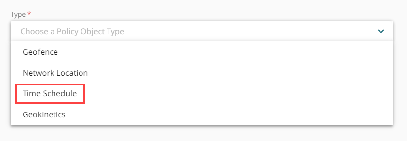 Screenshot of the Type drop-down list on the Add Policy Object page.