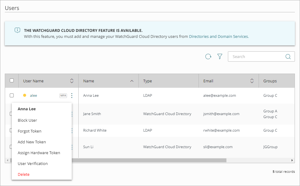Screen shot that shows the menu options for a quarantined user in the Users list.