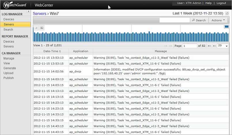 Screen shot of the Servers > Server Log Messages page
