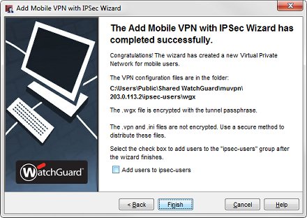 Add Mobile VPN with IPSec Wizard が正常に完了しました ダイアログ ボックスのスクリーンショット
