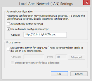 Internet Explorer LAN 設定 - 自動構成スクリプト URL