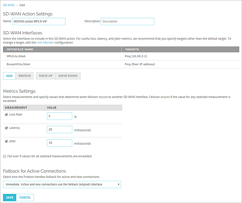 Screen shot of the SD-WAN settings
