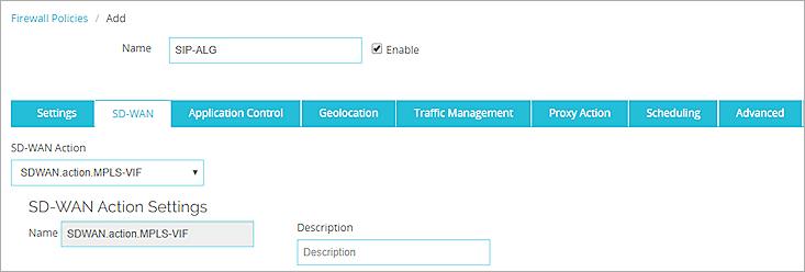Screen shot of the SD-WAN action selection
