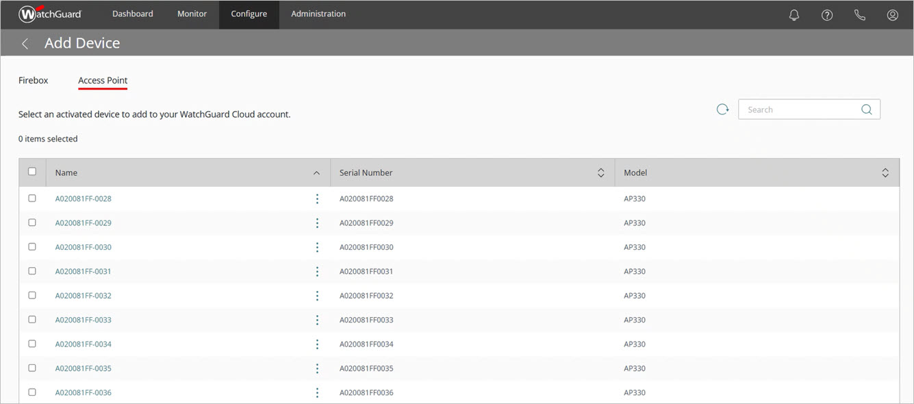 Screen shot of the Add Device list with mutliple devices
