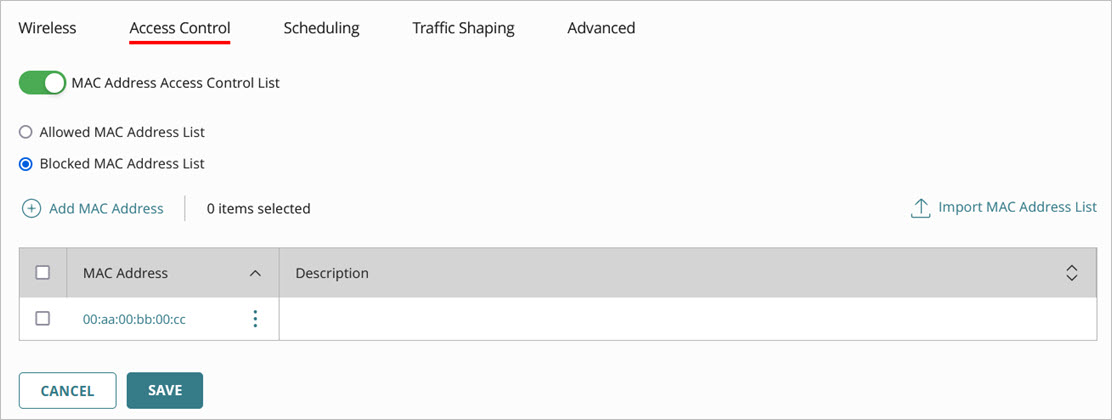 Screen shot of the SSID access control settings for an access point