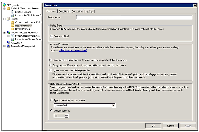 Screen shot of NPS network policy Overview tab