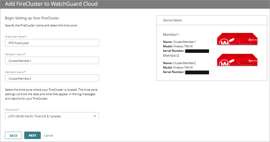 Screenshot of the Device Name and Time Zone settings