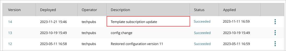 Screenshot of the Deployment History with a template subscription update
